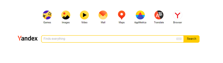 Yandex Suchmaschine mit Dienste-Icons und Suchleiste