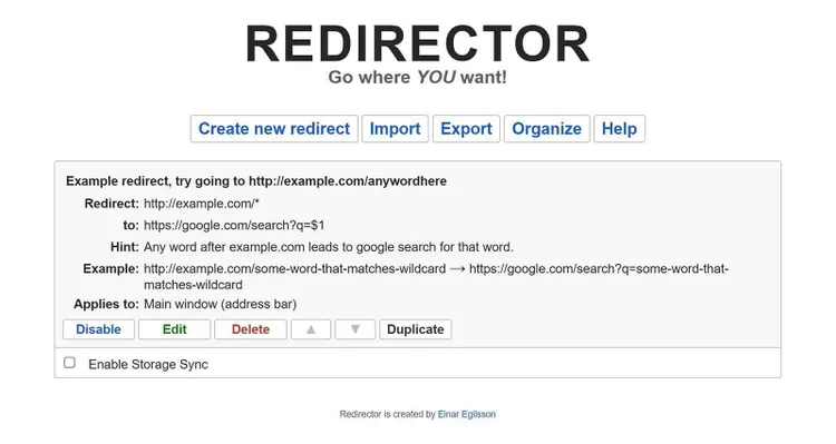 Redirector Chrome Extension Dokumentationsseite für URL-Umleitungs-Einrichtung
