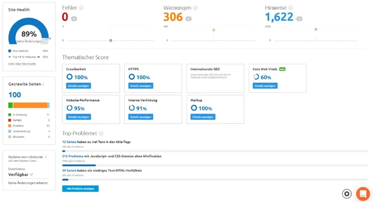 Site Health Report mit 89% Score, Fehlern, Warnungen und Hinweisen Übersicht