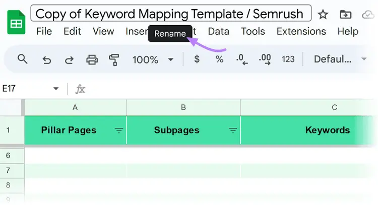 Vergrößerte Semrush-Vorlage mit einer schwarzen Beschriftung „Umbenennen“ und einem Pfeil, der angibt, wo Ihre Keyword-Map umbenannt werden soll.