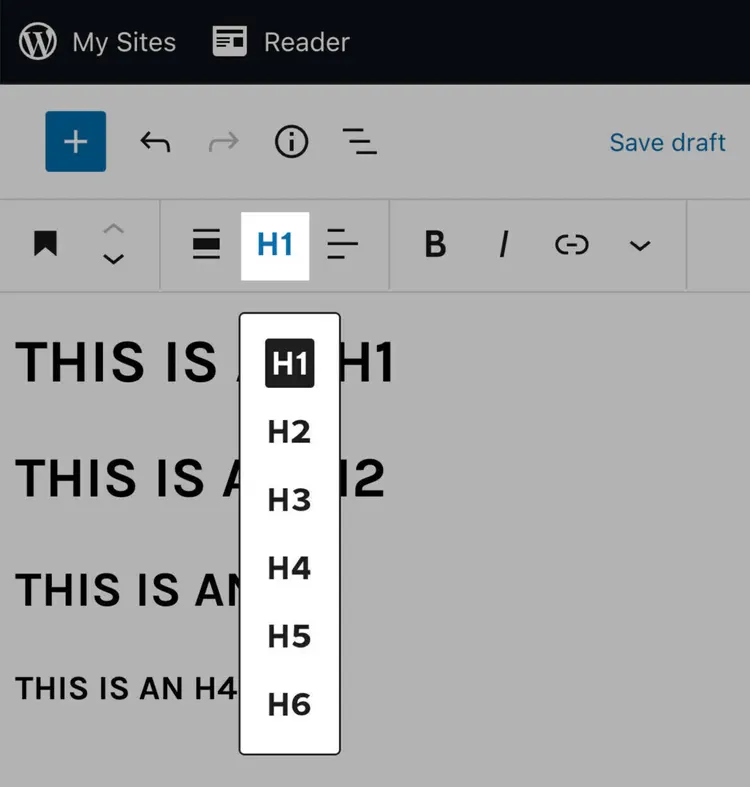 Screenshot: Überschriftenformatierung in WordPress