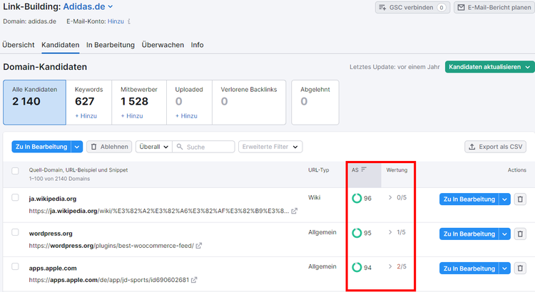 Authority Score und Wertung im Link Building Tool