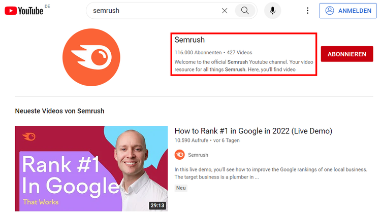 Screenshot: Semrush-Kanal in der YouTube-Suche