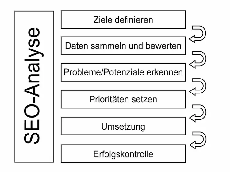 SEO analysis workflow showing 6 steps from goals to success control