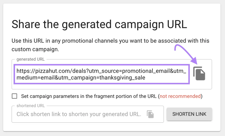 eine benutzerdefinierte generierte URL im Campaign URL Builder von Google mit hervorgehobenem Kopiersymbol
