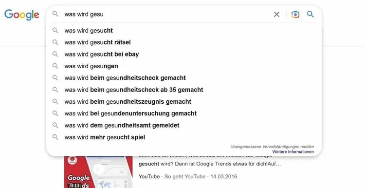 Google Autocomplete Dropdown Vorschlagsliste für was wird gesu Sucheingabe