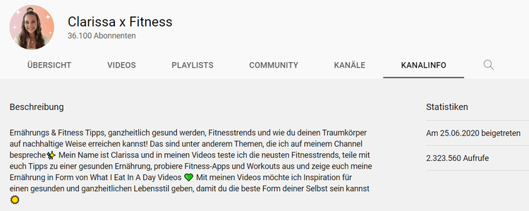 Screenshot: Kanal-Beschreibung von Clarissa x Fitness