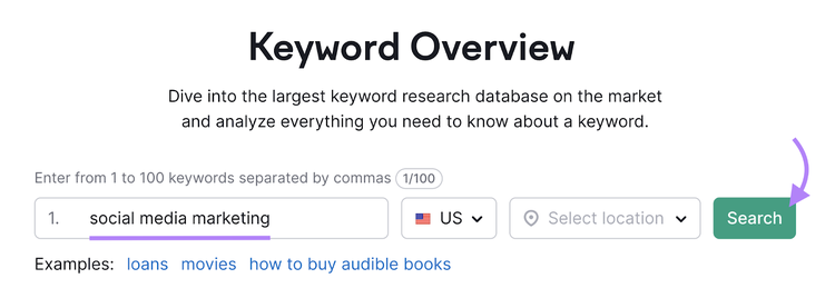 Social-Media-Marketing wurde in das Keyword-Übersichtstool eingegeben