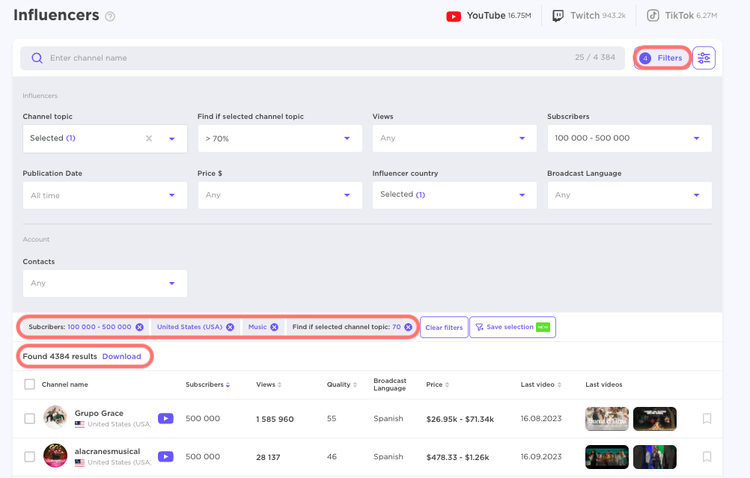 Influencer-Filterseite in der Influencer Analytics App