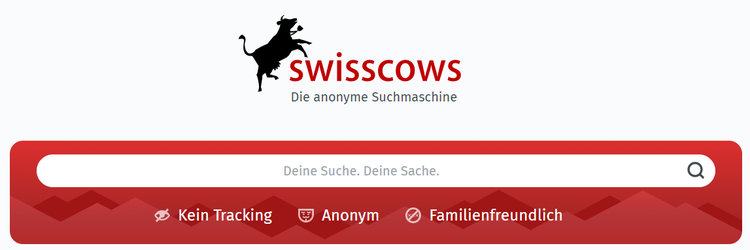 Swisscows Suchmaschine mit Kuh-Logo und Datenschutzmerkmal
