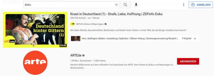 Screenshot: Arte in der YouTube-Suche