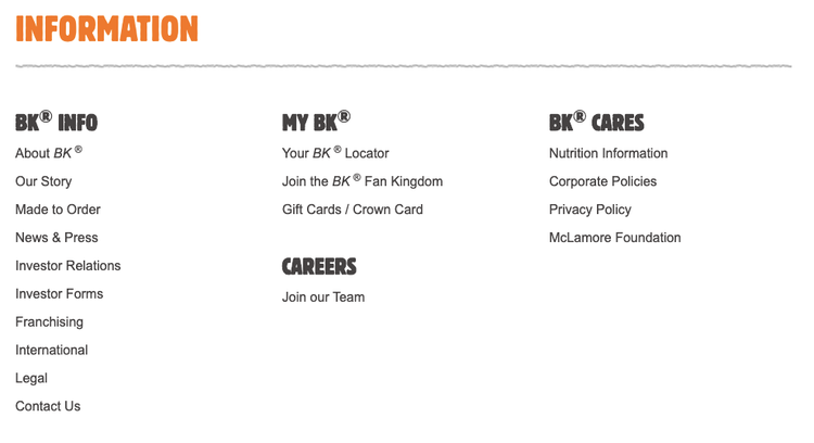 Burger King Footer: INFORMATION, BK INFO, MY BK, BK CARES, CAREERS