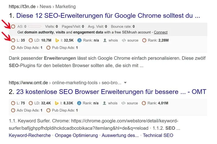 Google Suche mit Seoquake Extension zeigt Backlinks und Domain-Authority Metriken