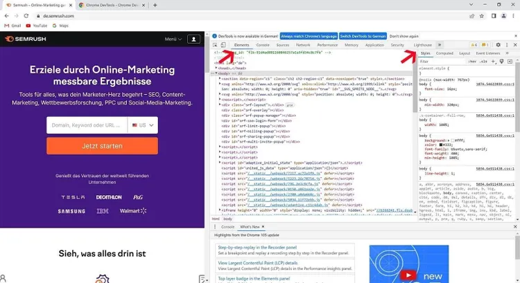 Chrome Dev Tools Inspector mit DOM-Struktur und Performance-Daten Ansicht