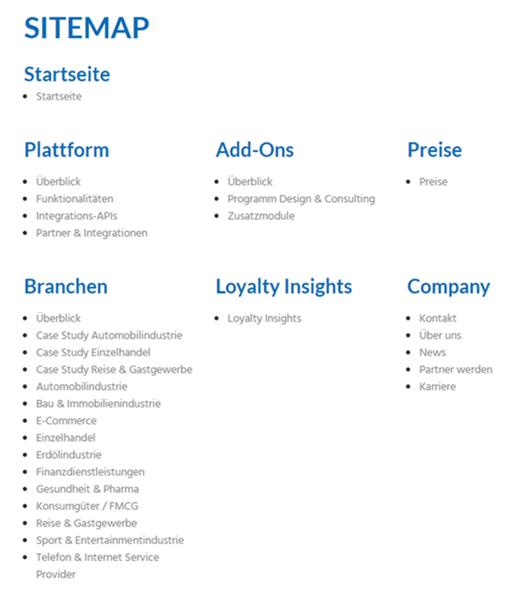 HTML-Sitemap mit Kategorien: Platform, Add-Ons, Preise, Branchen, etc.