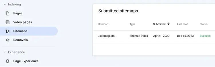 Google Search Console sitemaps showing successful submission status