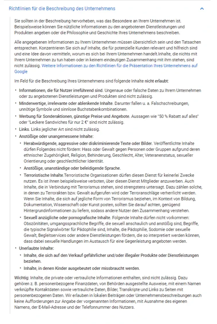 Googles Richtlinien für die Beschreibung von Unternehmen
