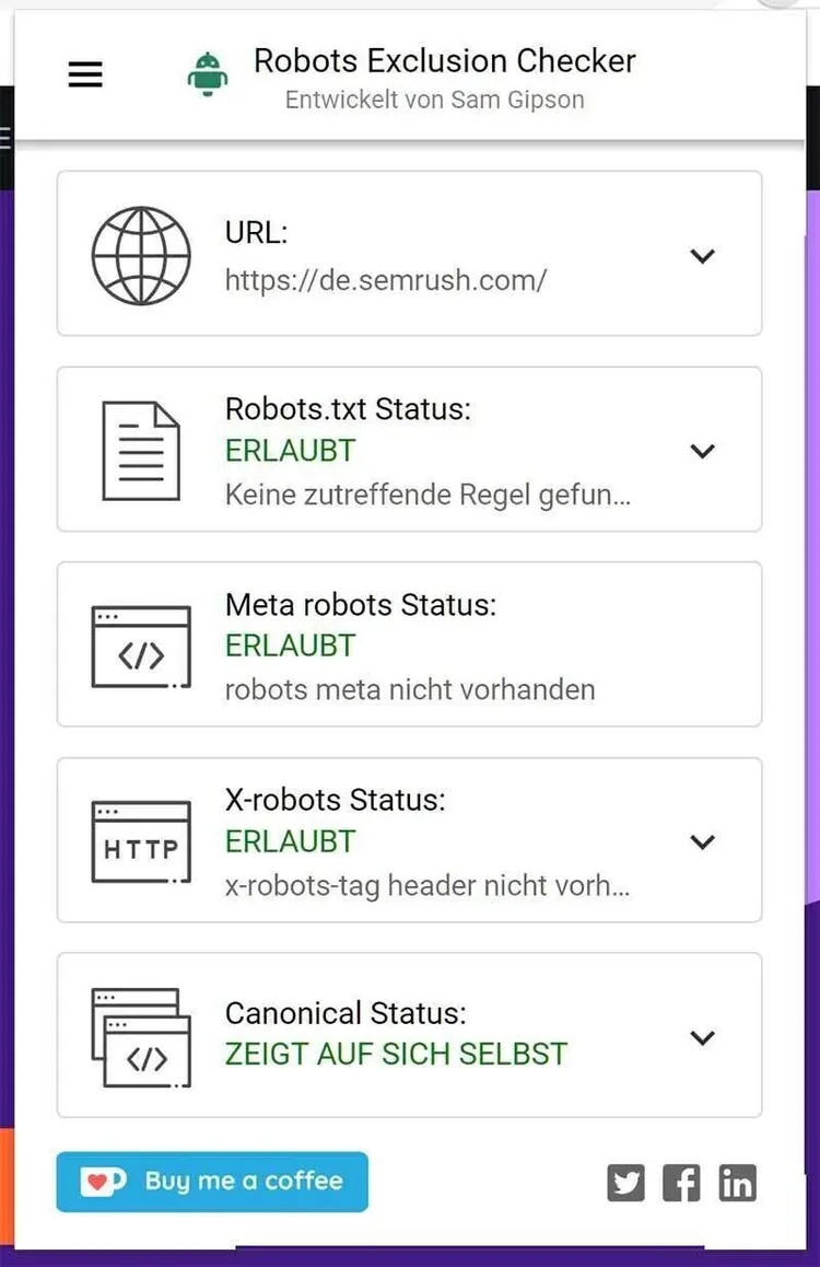 Robots Exclusion Checker Extension für semrush.com mit Robots.txt Status ERLAUBT