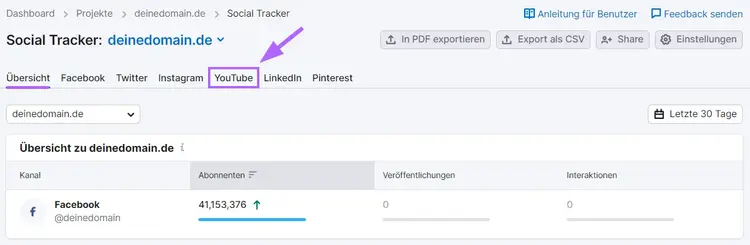 YouTube-Registerkarte im Social Tracker