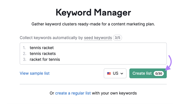 Die Begriffe Tennisschläger, Tennisschläger und Schläger für Tennis wurden in das Keyword-Manager-Tool eingegeben.