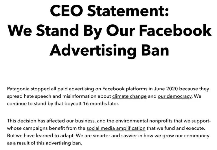 Patagonias CEO Erklärung, warum sie Facebook-Anzeigen boykottieren