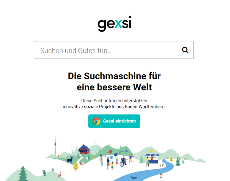 Gexsi Suchmaschine mit Gemeinde-Illustration und sozialen Projekten