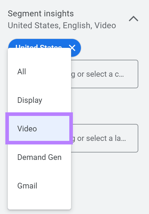 Im Abschnitt „Segment-Einblicke“ wurde unter Kampagnentyp die Option „Video“ ausgewählt.