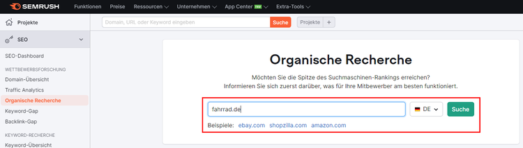 Screenshot: Suche mit Organische Recherche