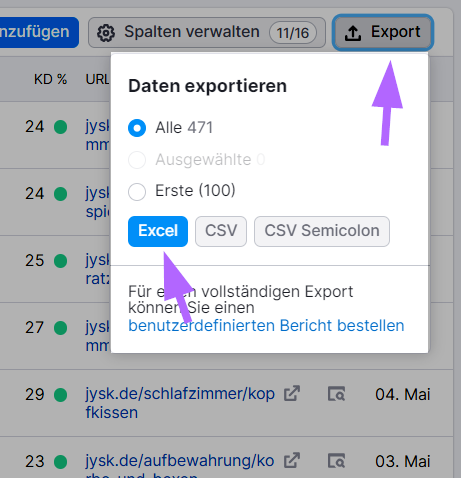 Die Schaltfläche "Export" bietet die Optionen "Excel", "CVS" und "CVS Semikolon".