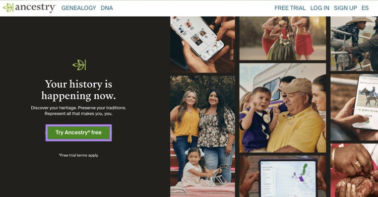 Familienfotocollage neben hervorgehobenem CTA für Ancestry-DNA-Test