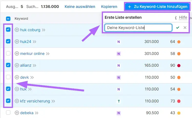 Markierte Kästchen und die Schaltfläche "+ Zu Keyword-Liste hinzufügen" im Keyword Magic Tool hervorgehoben