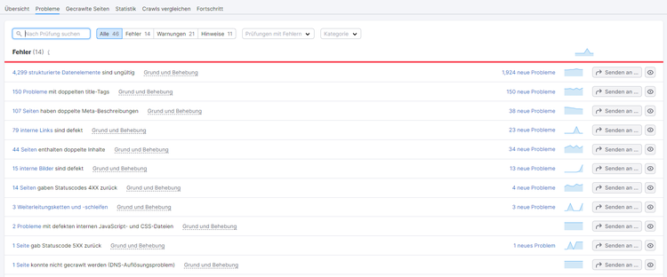Screenshot: Gefundene Probleme im Site Audit