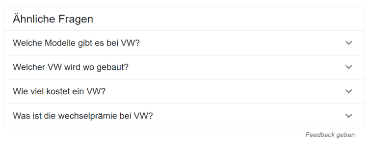 Ähnliche Fragen zu VW-Modellen und Kosten in Dropdown-Format