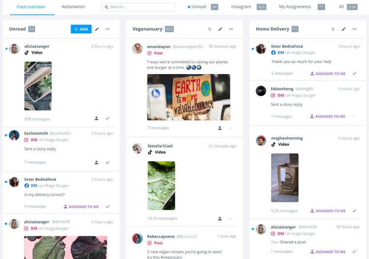 Registerkarte „Feed-Übersicht“ in Brandwatch, kategorisiert nach „Ungelesen“, „Vegananuary“ und „Hauslieferung“