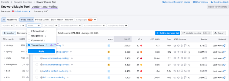 Filtern von Schlüsselwörtern mit "transaktionaler" Absicht im Keyword Magic Tool