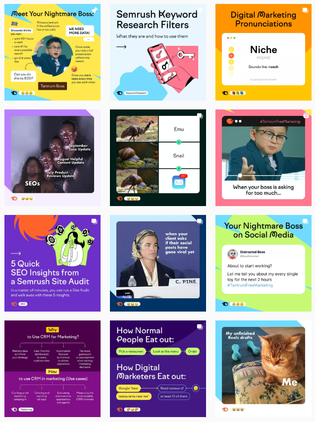 Instagram Content-Grid mit 12 bunten Beitragsvorschaubildern und Text-Overlays