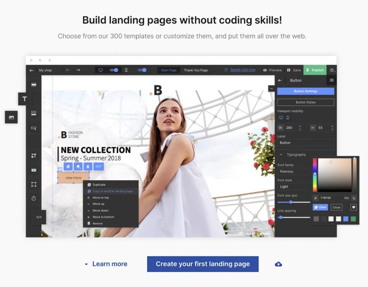 Beispiel für Semrush Landing Page Builder: Frühjahr-Sommer-Mode und eine Frau in einem weißen Kleid