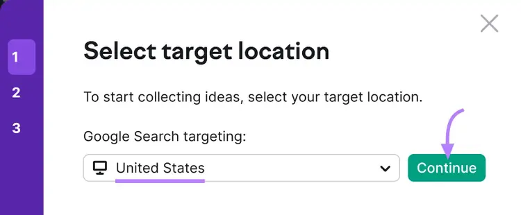 Wählen Sie mit dem On Page SEO Checker-Tool die Zielstandortseite mit „USA“ in der Suchleiste und einer Schaltfläche „Weiter“ aus.