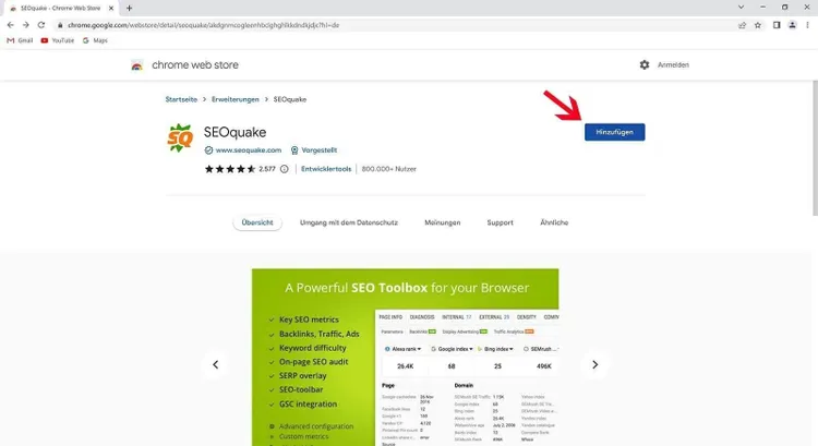 SEOquake Chrome Extension im Web Store mit Benutzer-Bewertung und Features