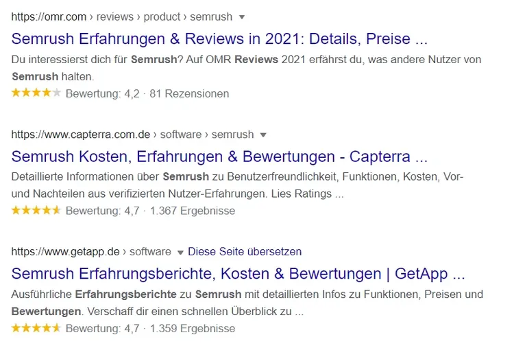 Google-Suchergebnisse für Semrush Bewertungen mit Sternen