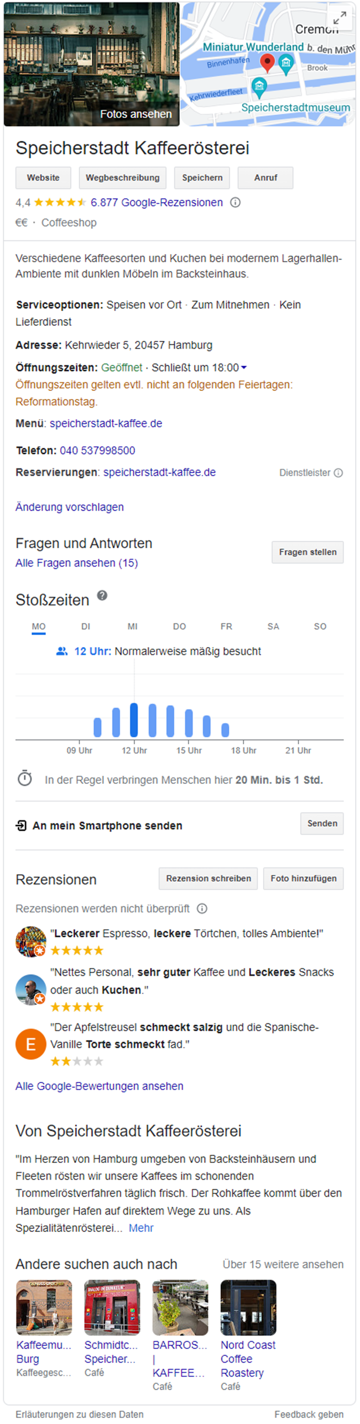 Google My Business Listing einer Kaffeerösterei mit Fotos, Bewertungen und Kontaktinfos