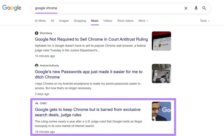 Der Tab „News“ bei Google für den Begriff „Google Chrome“ mit einem hervorgehobenen Artikel von CNBC.