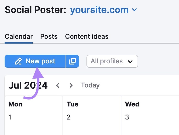 "Neuer Beitrag" oben links auf Semrushs Social Poster angeklickt