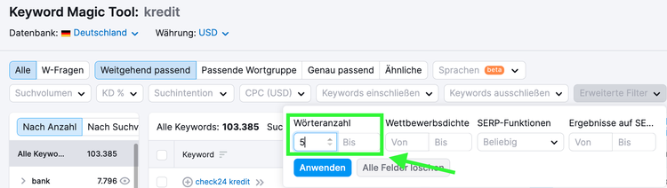 Semrush Keyword Magic Wortzahl anpassen