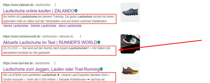 Google-Suchergebnisse für Laufschuhe mit Meta-Beschreibungen
