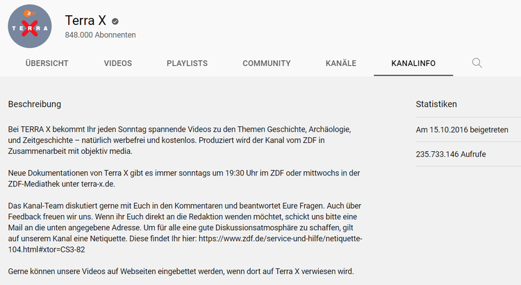 Screenshot: Kanal-Beschreibung von Terra X