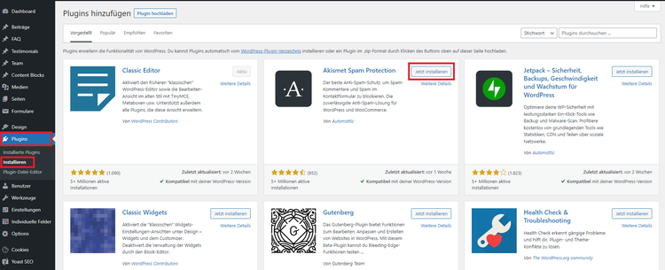 WordPress plugins browser showing plugin options including Classic Editor and Akismet