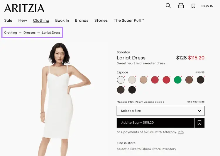 breadcrumbs auf einer E-Commerce-Website, die den Weg zu der Seite anzeigen, auf der sich ein Benutzer befindet