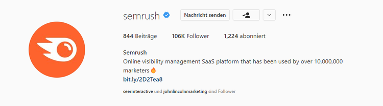 Semrush Instagram-Profil mit 844 Beiträge, 106K Follower, 1.224 abonniert