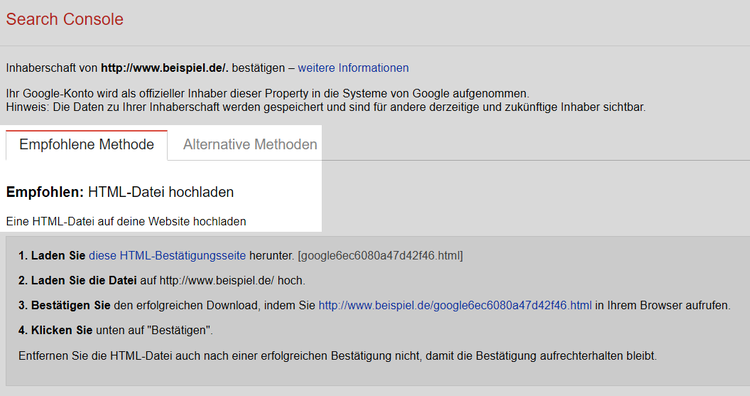 Search Console: Inhaberschaft der Website bestätigen